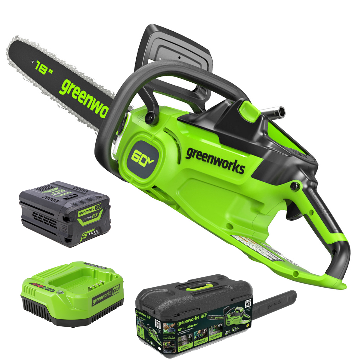 Greenworks 60v 18” 2kw Chainsaw + Hard Case with 4.0ah Battery & 2a Charger
