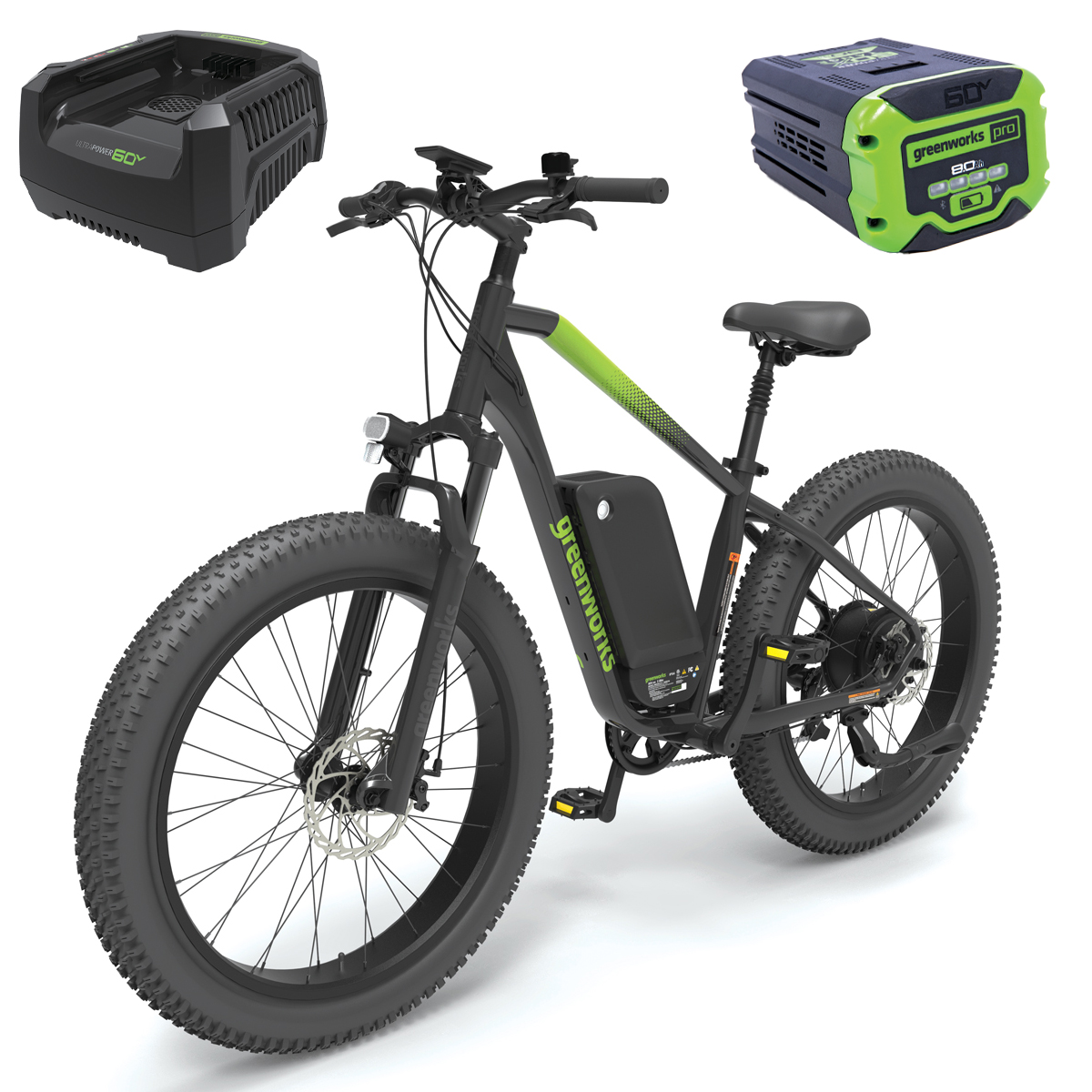 Greenworks Venture Series 26″ Fat Tyre Mountain E-Bike Kit with 8.0ah battery and 6A charger
