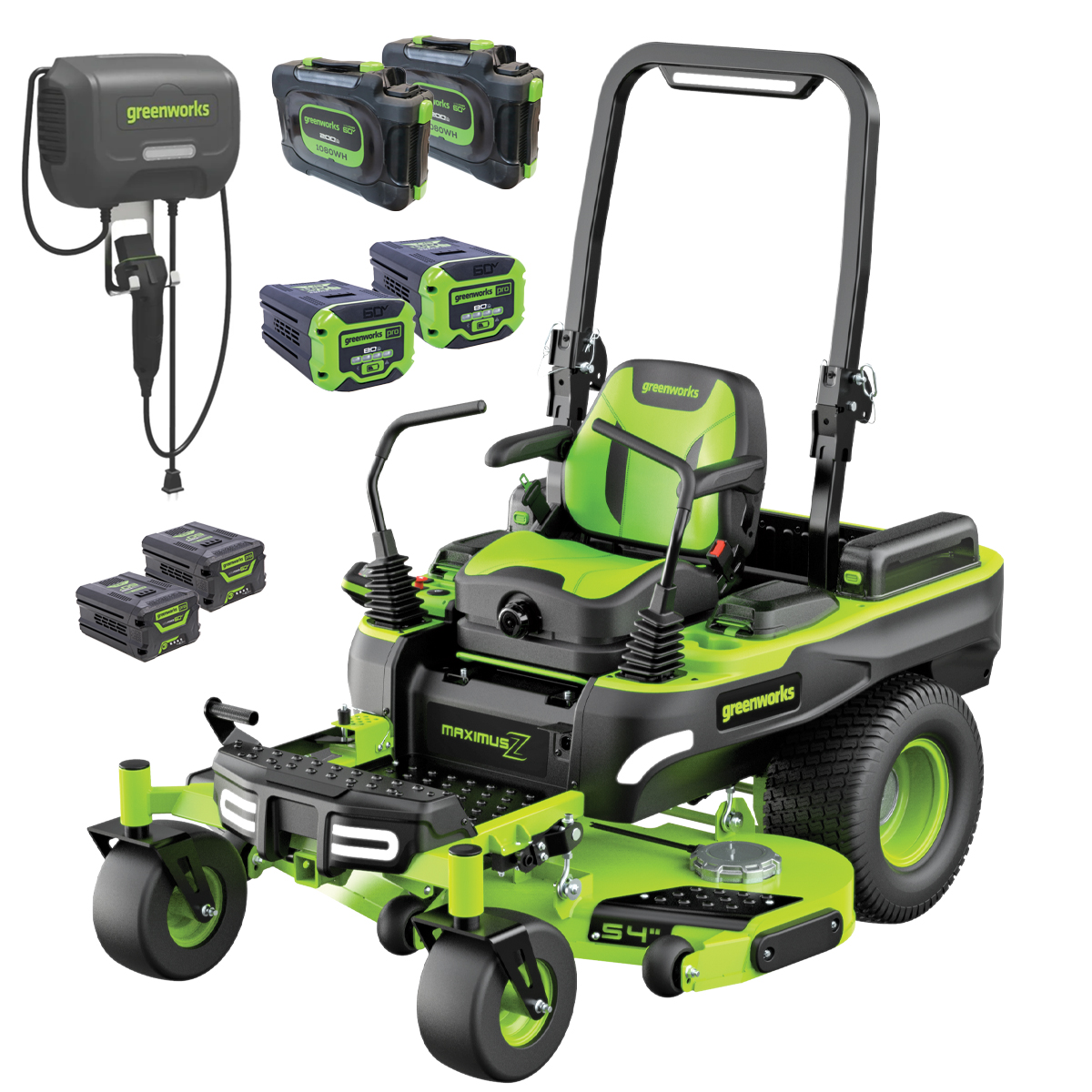 Greenworks 60v 54” MAXIMUS ZTR with 2x 4.0ah batteries + 2x 8.0ah batteries + 2x 20ah Batteries