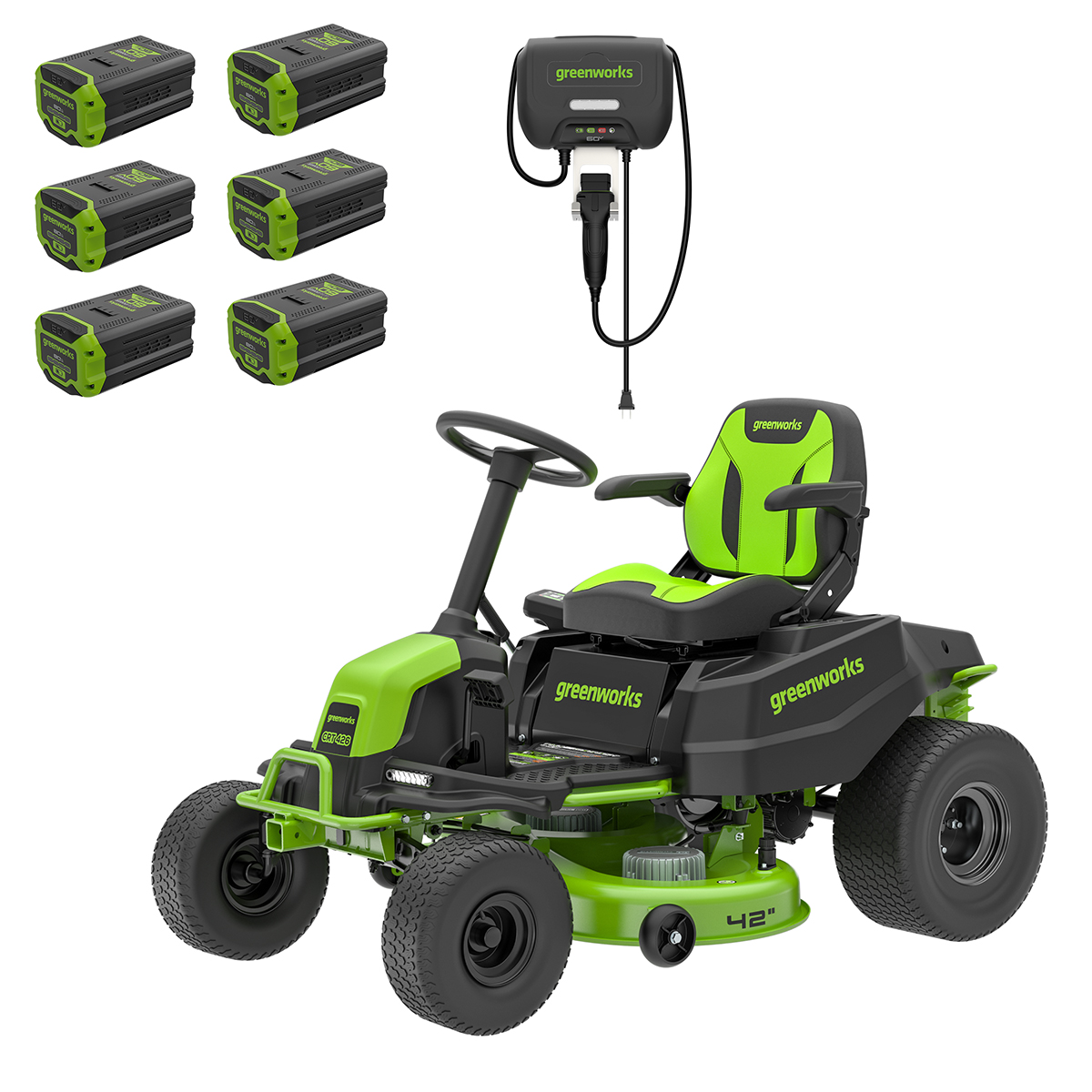 Greenworks Gen1.5 60V 42” Tractor with 6*60V8ah Batteries and 240v 10amp 1.5KW Wall Charger