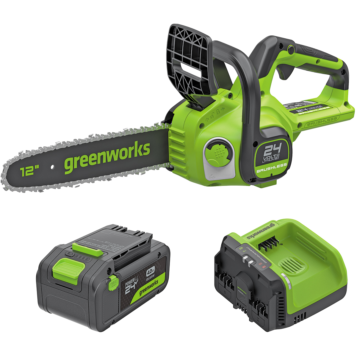 24V POWERALL 12″ Cordless Battery Chainsaw with 4.0Ah Battery and 24V/60V Dual Voltage Charger