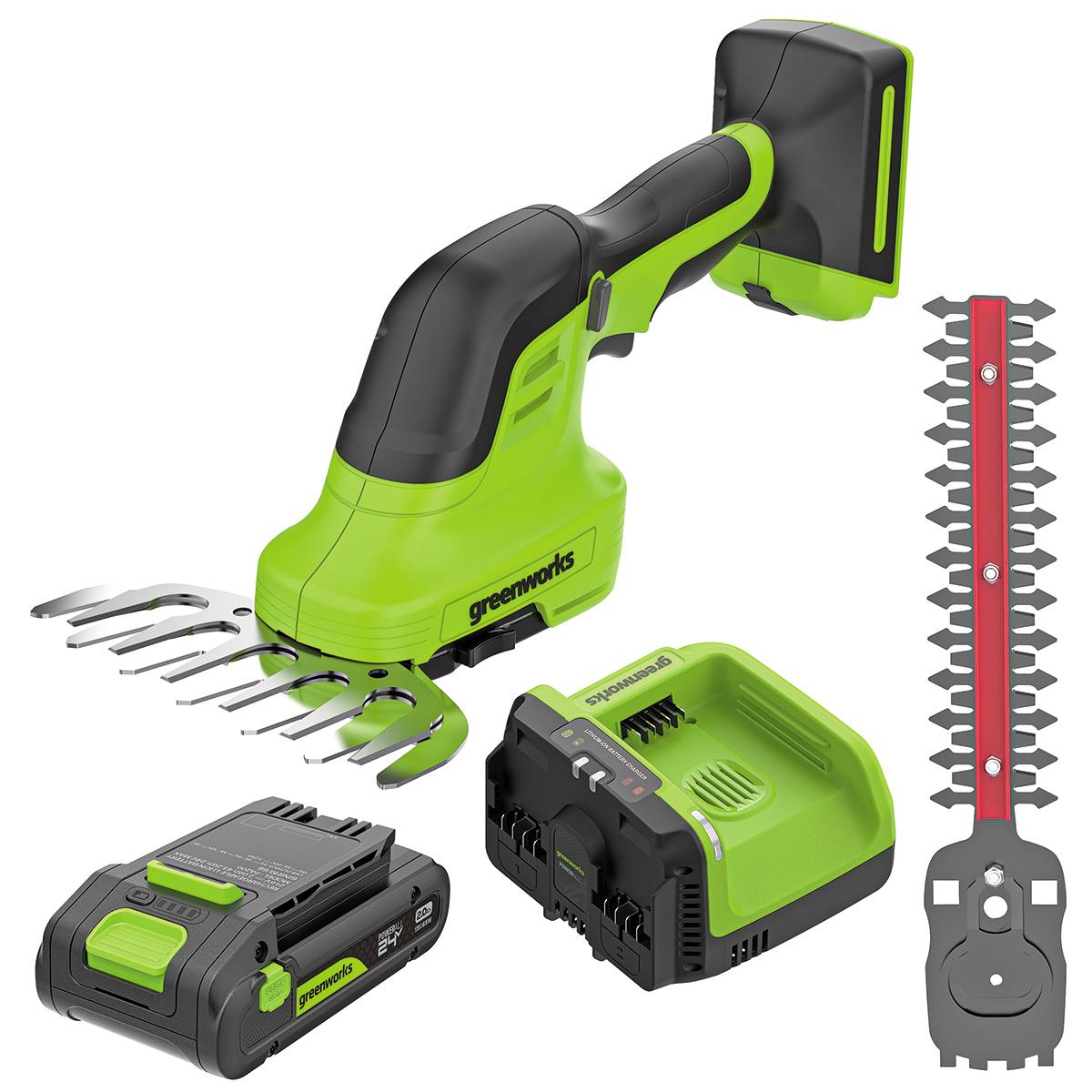 Greenworks 24V Shear Shrubber with 2.0Ah Battery and 24V/60V Dual Voltage Charger